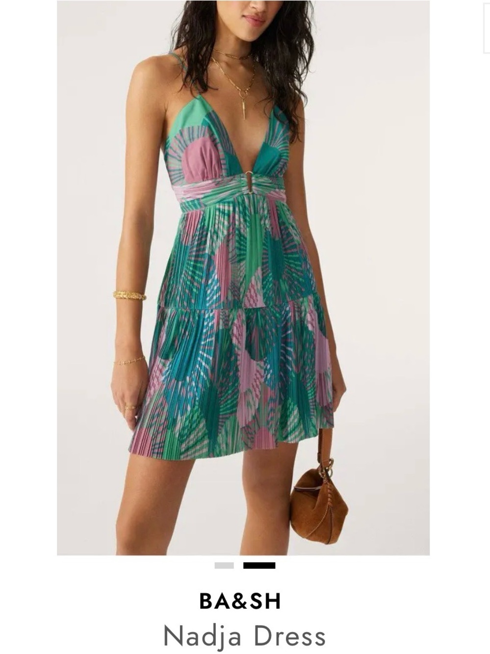 ba&sh Green and Pink Printed V‑Neck Mini Dress